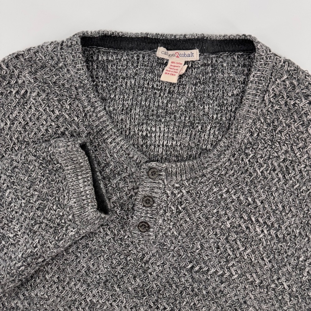 Carbon2Cobalt Henley Sweater Mens Large Grey Textured Knit 100% Cotton Pullover